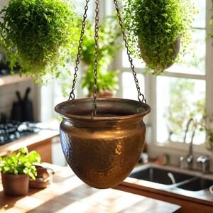 Rustic Cottage Farmhouse Hanging Hammered Copper Planter Small Size 4.5" x 5"